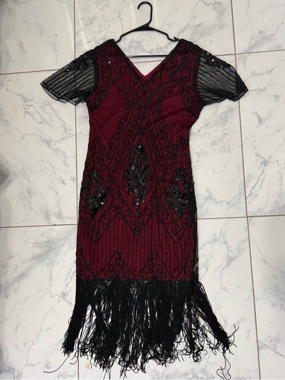 Embroidered Fringe Cocktail Dress in Burgundy and Black